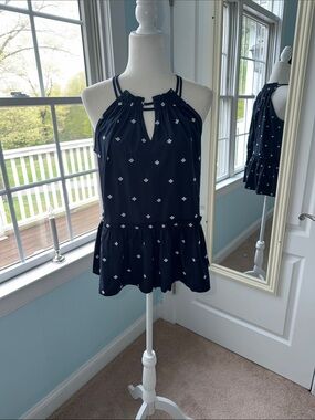 LOFT Navy Blue Halter Peplum Tank with White Dot Embroidery